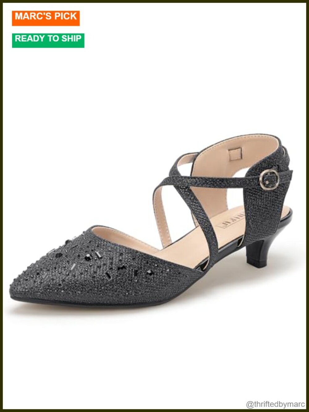 Women's Kitten Heel Pumps with Rhinestones, Pointed Toe Ankle Strap Dress Shoes